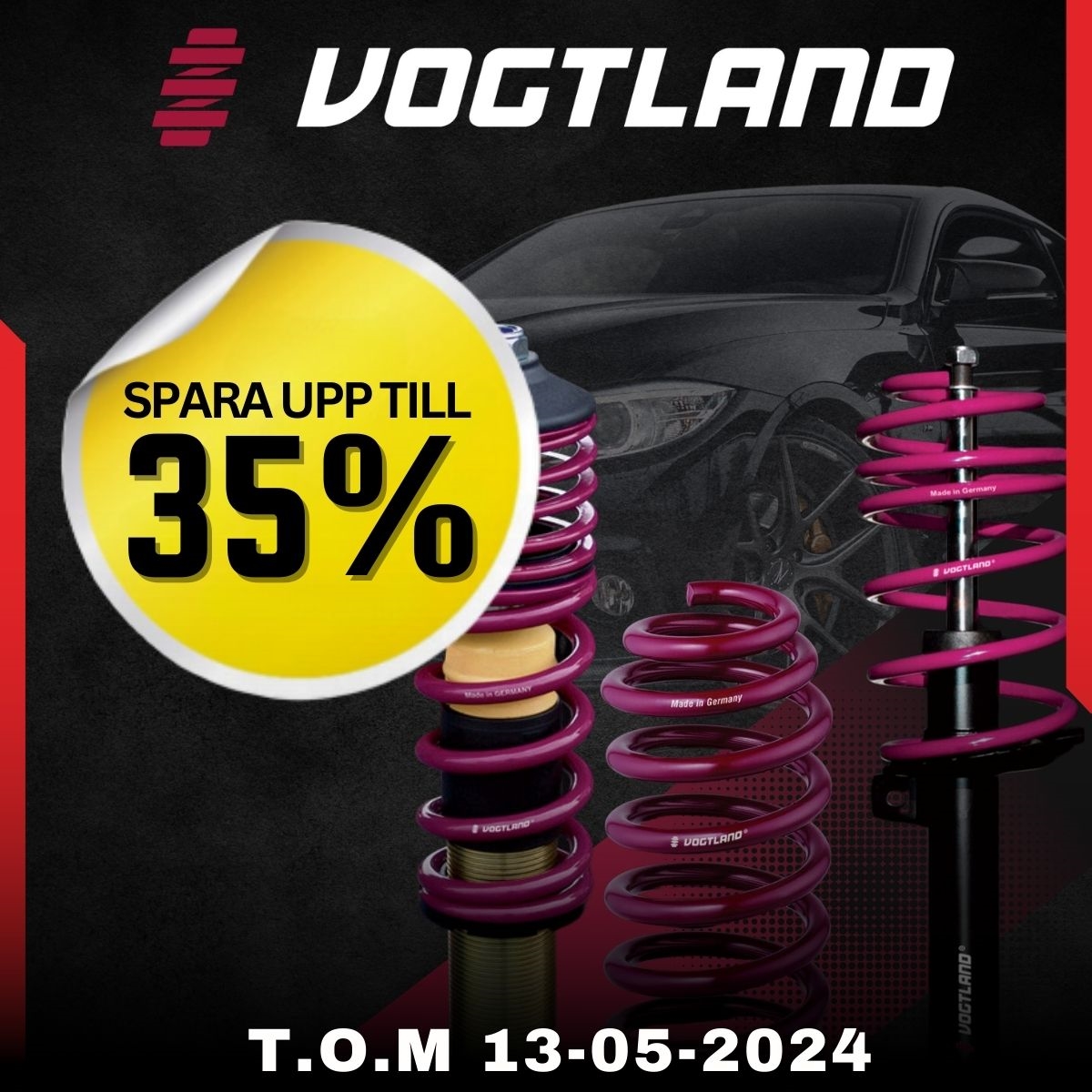 Spara upp till 35% på Vogtland; sänk bilen med deras coilovers, sänkningssats eller väghållningssats.