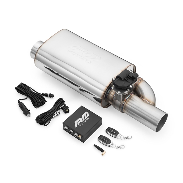 RM Motors Kammarljuddämpare Med Elektrisk Ventil EV05, Burklängd - 350 mm, Inloppsdiameter - 76 mm, Sida - Höger