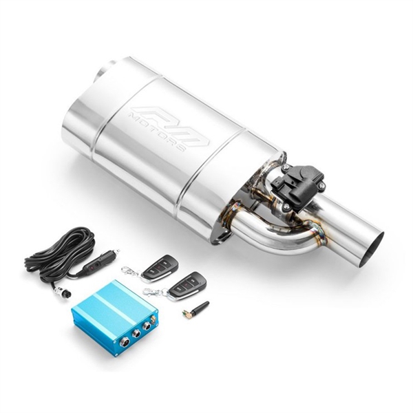 RM Motors Genomströmningsljuddämpare Med Prägling Och Elektrisk Ventil, Burklängd - 350 mm, Inloppsdiameter - 76 mm, Sida - Vänster
